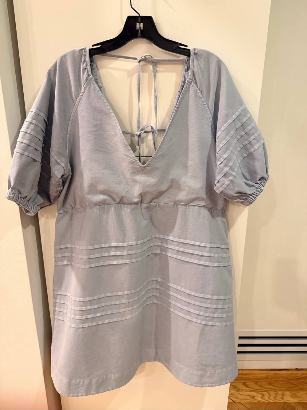 7 For All Mankind Blue Puff Sleeve Tie Back Mini Dress Tunic Size XL